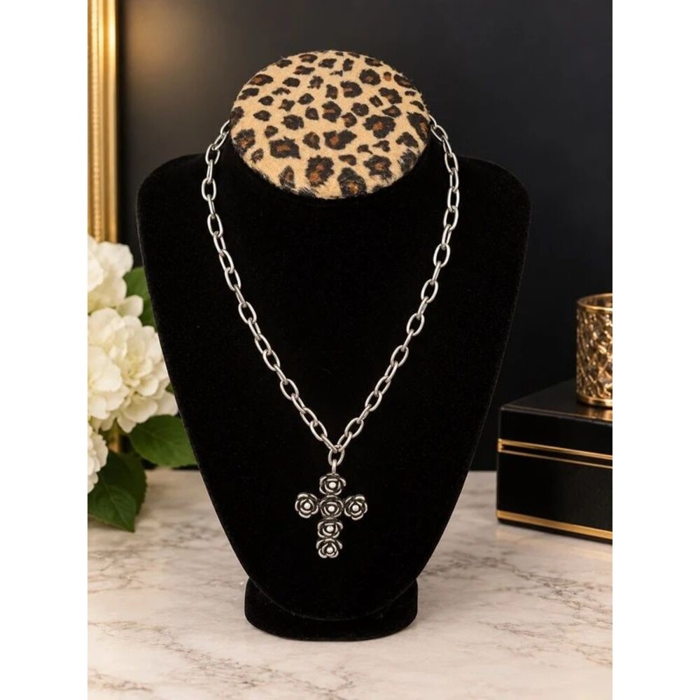 Silver-Tone Rose Cross Pendant Necklace